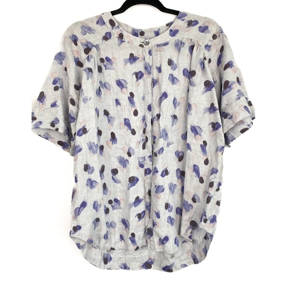 Poetry Tops - Poetry Women's Printed Button Down 100% Linen Blouse Top, Blue - Size 10